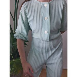 90s Vintage Mint Green Jumpsuit Romper Cottagecore Striped Comfy Pastel 90s